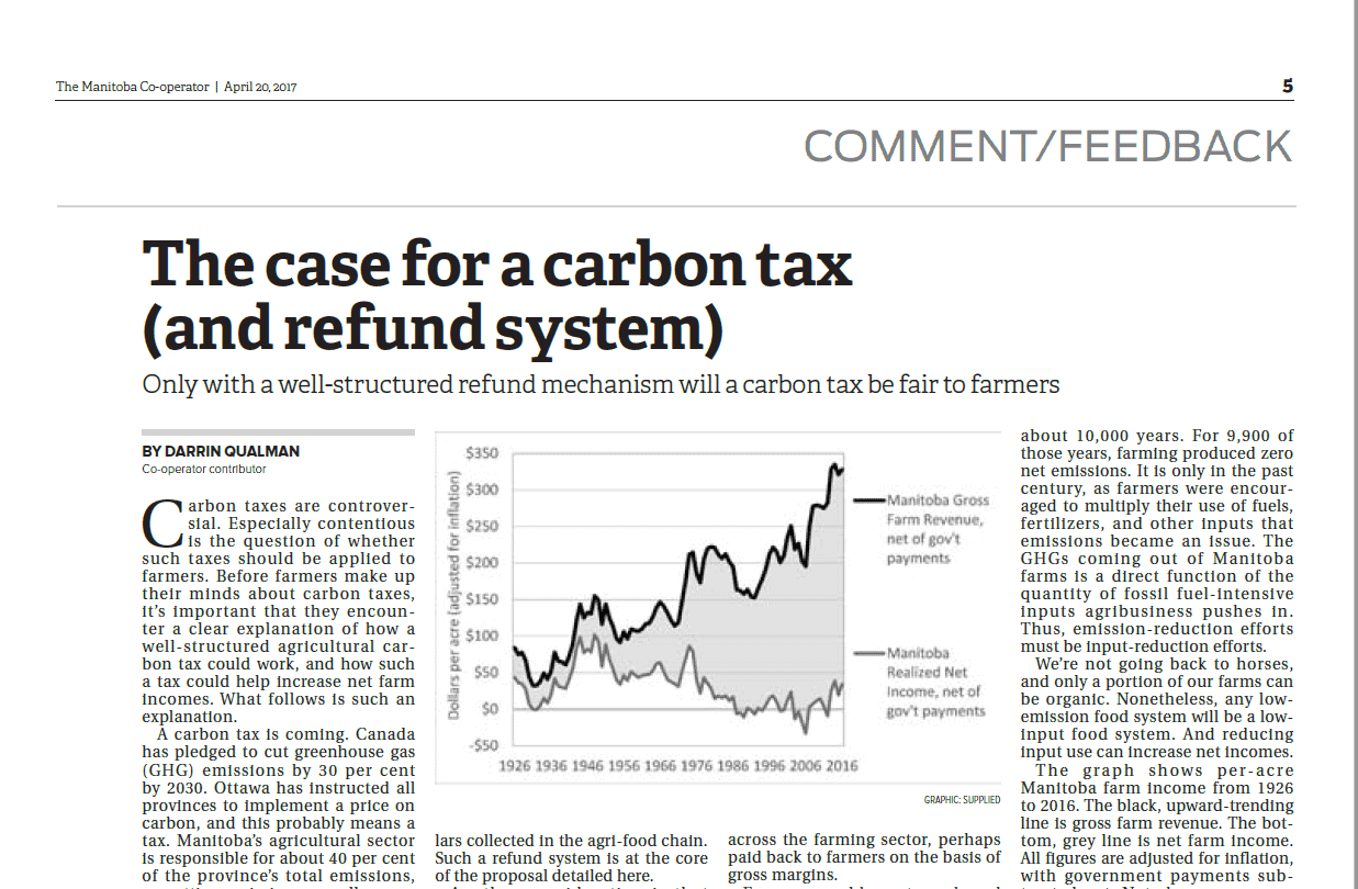 Darrin Qualman editorial in the Manitoba Co-operator advocating a carbon tax on agriculture