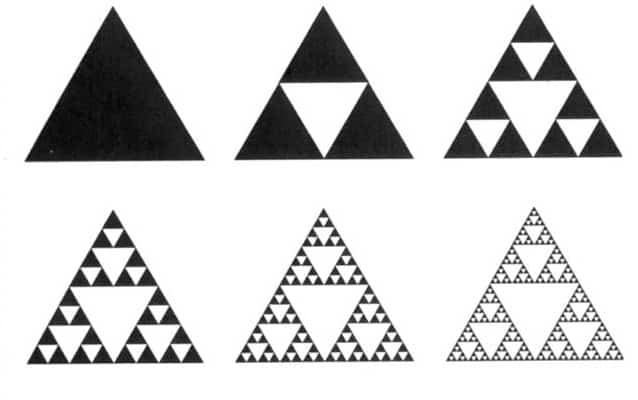 Six images showing the stages of formation of a Sierpinski triangle