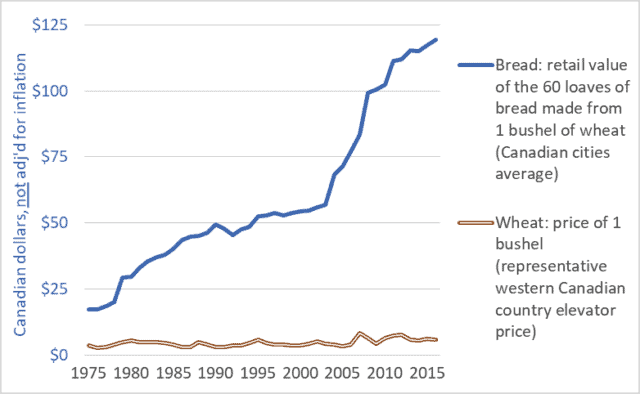 Graph of Canadian retail store bread price and country elevator wheat price, 1975-2016